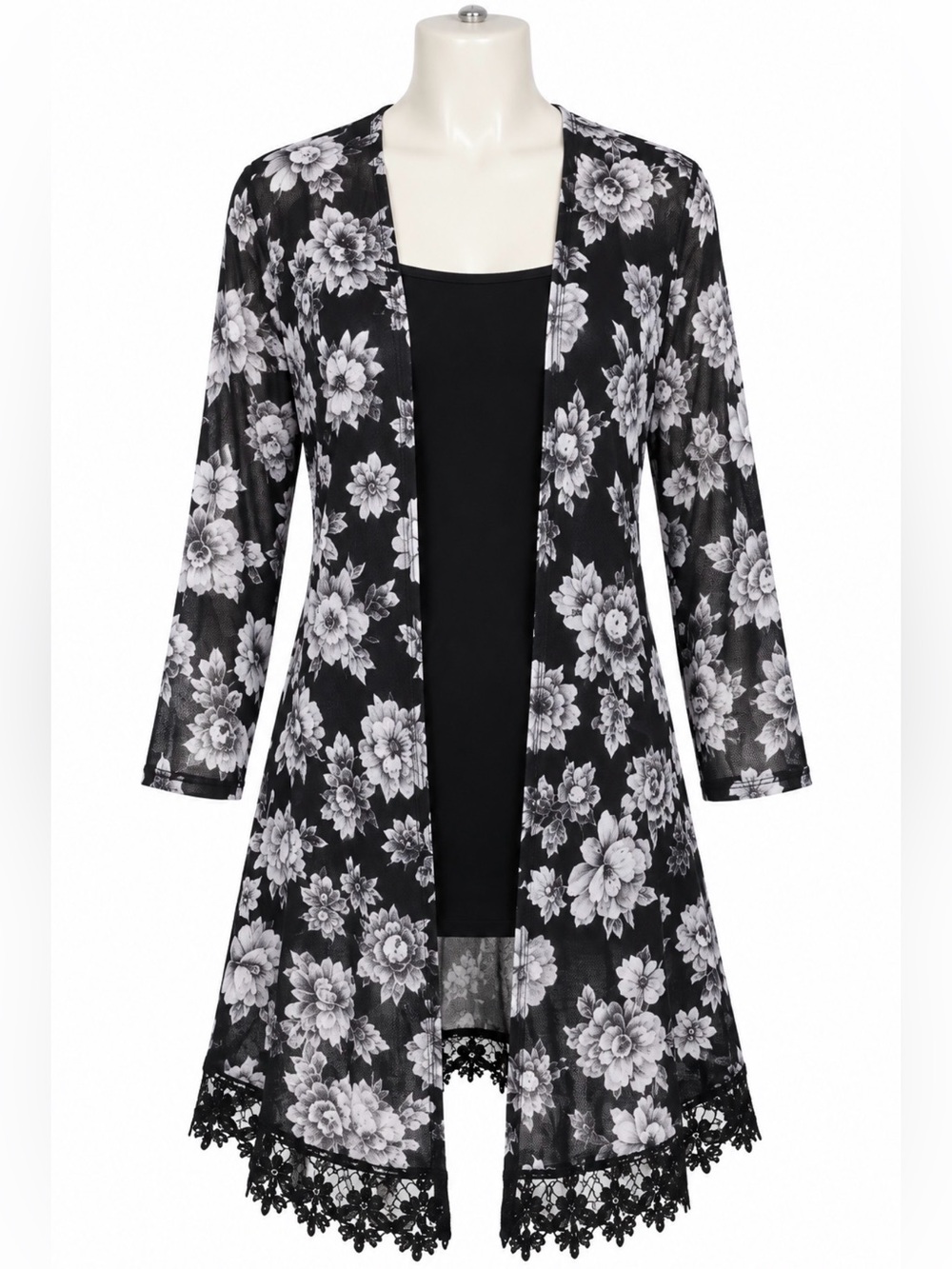 One A Women’s Small Black White Floral Lace Open Front Cardigan Duster